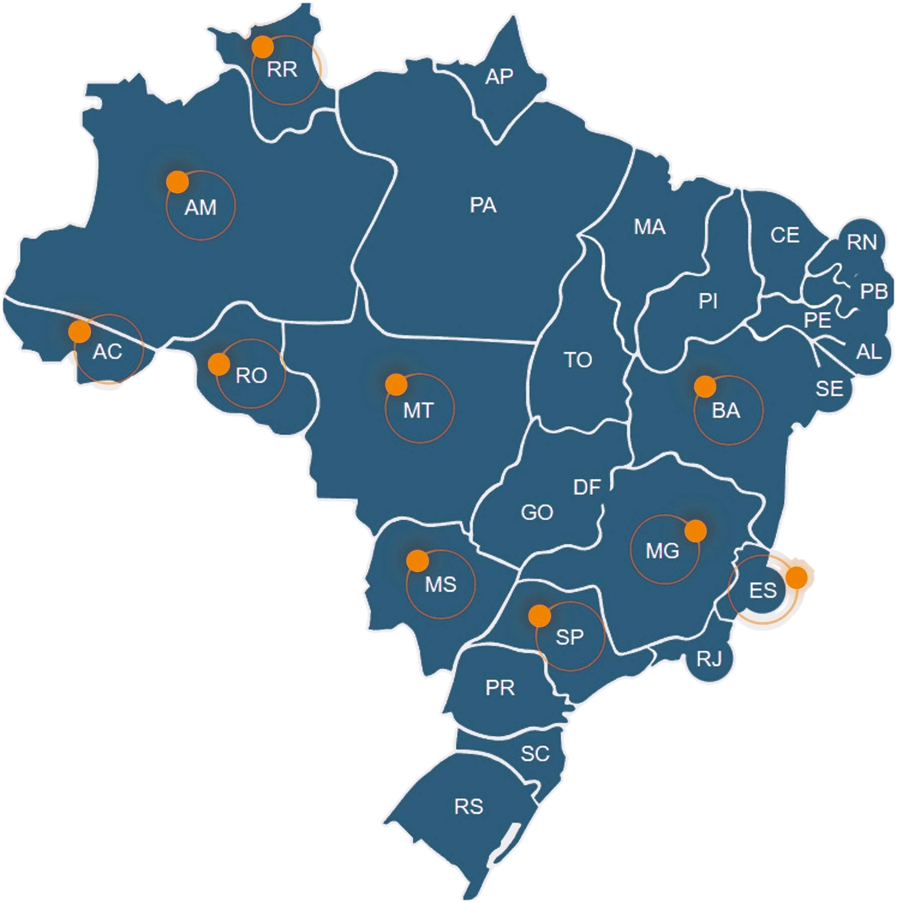 Mapa do Brasil com estados e presença operacional